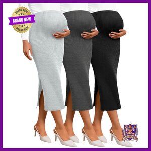 3 Pack Maternity Skirts High Waist Ribbed Knit Stretchy Pencil Long
